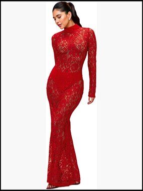 Floral Lace Maxi Dress Long Sleeve See Through Formal Evening Cocktail